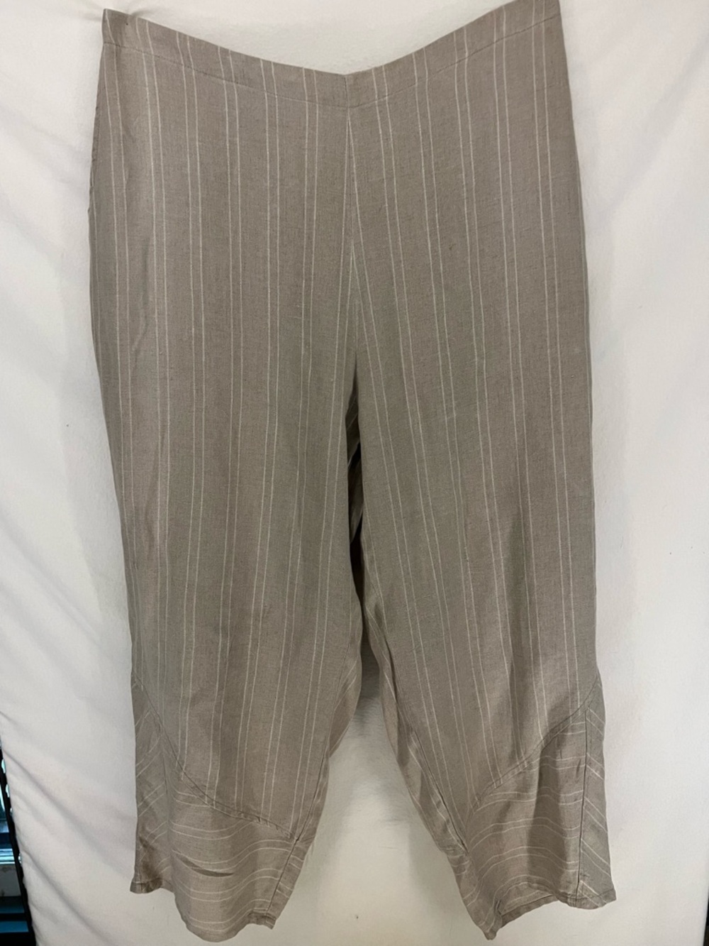 FLAX Women’s 100% Linen Beige Pinstriped Elastic Waist Pants Size L Lagenlook